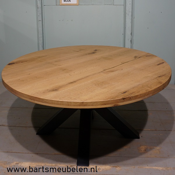 Beste Ronde vintage eikenhouten tafel met stalen onderstel - Bartsmeubelen DT-56